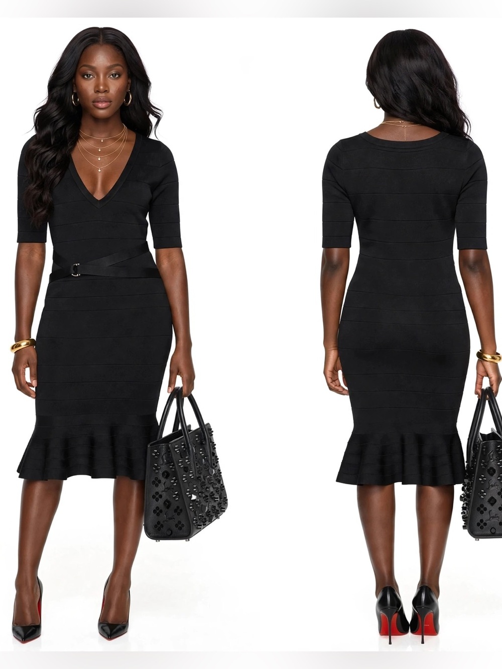 Karen Millen Black V-Neck Belted Midi Dress with Flounce Hem